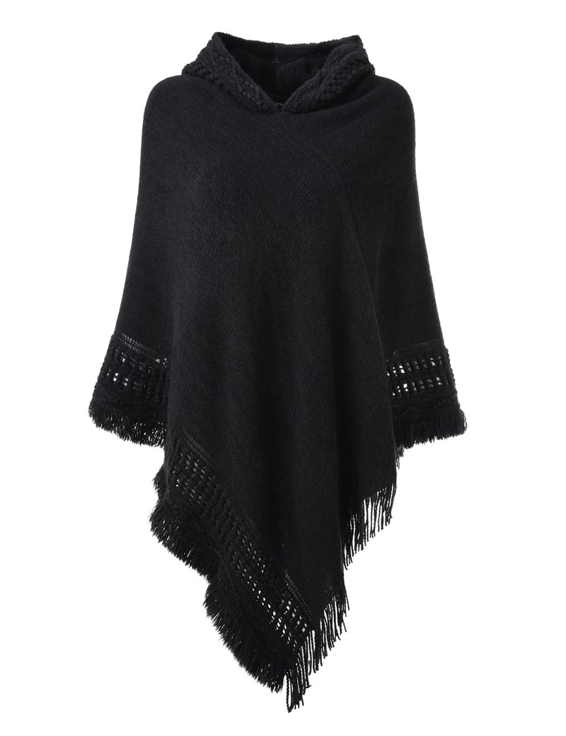 Ferand Ladies' Hooded Cape with Fringed Hem, Crochet Poncho Knitting Patterns for Women, Black - Image 1